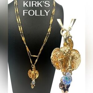 Vintage Kirk’s Folly Cherub Angel Crystal Drop Necklace Celestial Gold Tone 33”